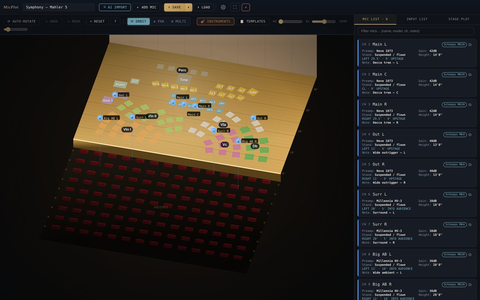 The MicPlot app: a 3D concert stage with a full symphony orchestra and nine microphones, and the mic list with preamp, gain, stand and height for each channel
